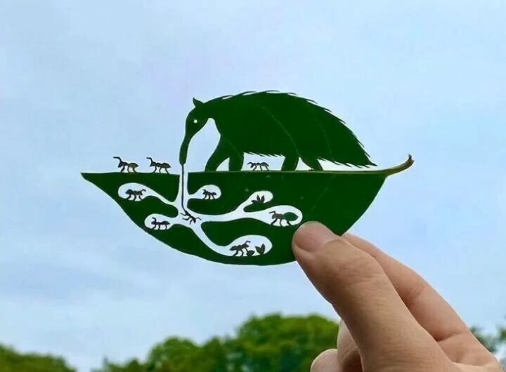 Mini obras de arte en hojas de arbol