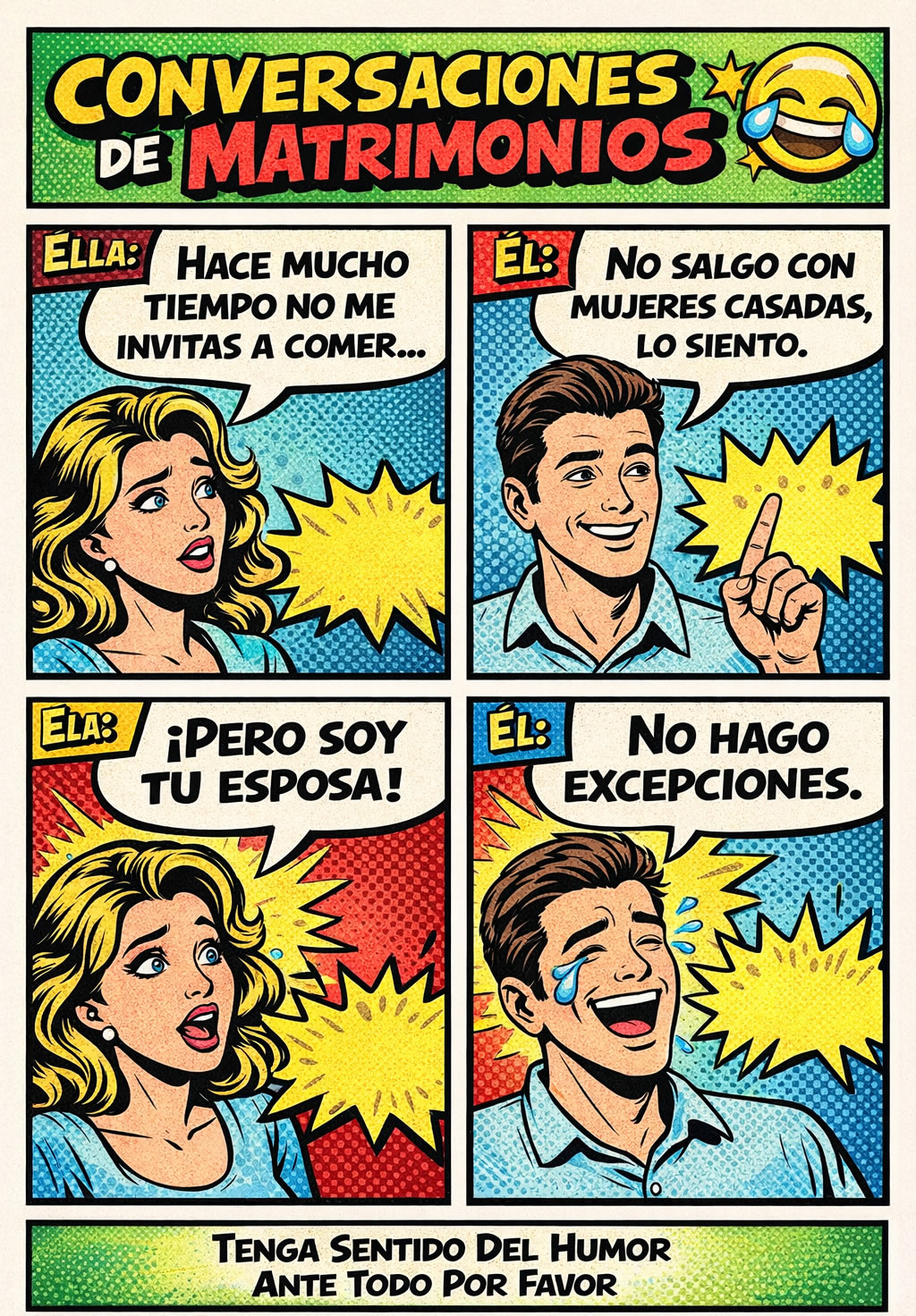 conversaciones de matrimonios, humor, comics de risa, pop art
