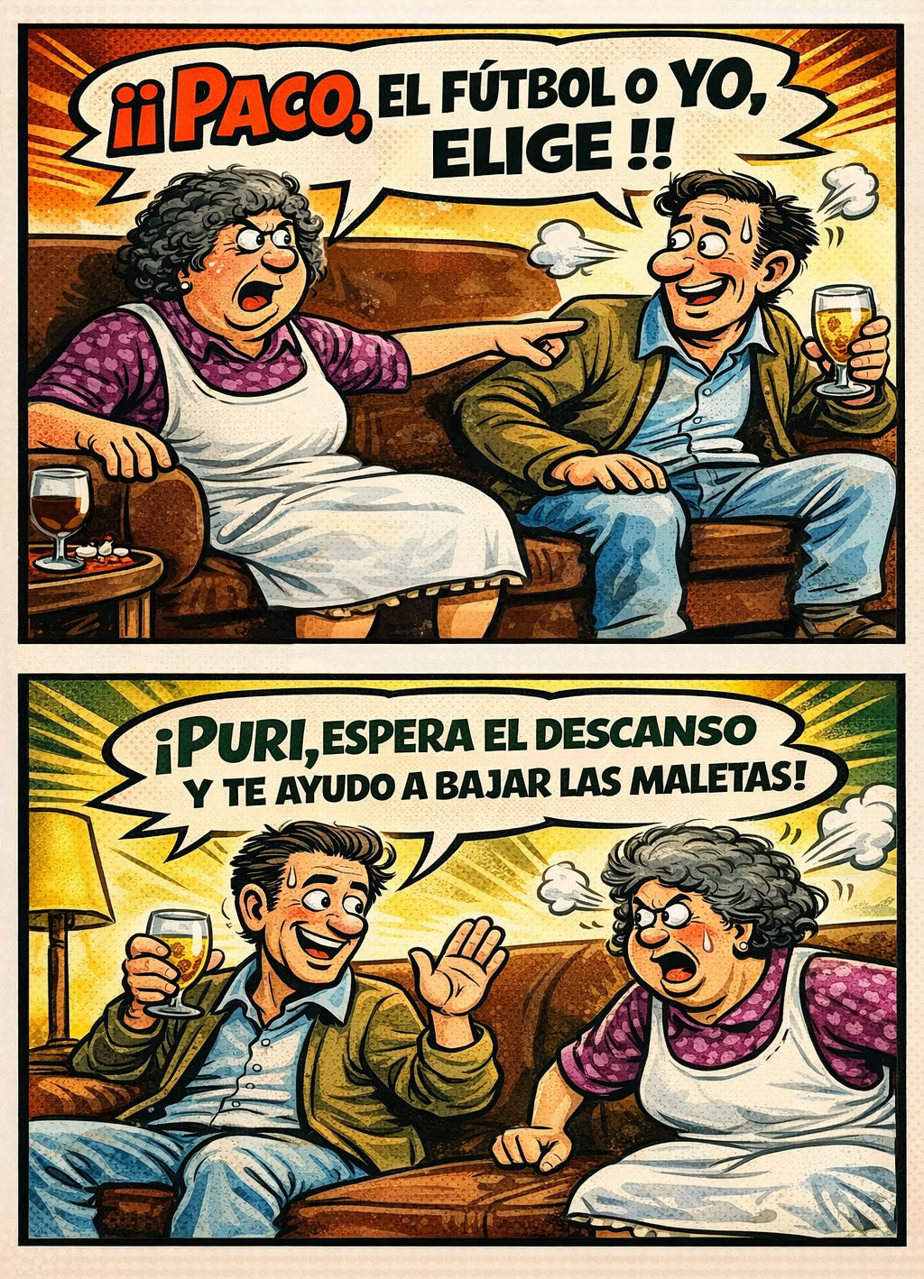 el futbol o yo, ¡¡PACO, EL FÚTBOL O YO, ELIGE!! ¡PURI, ESPERA EL DESCANSO Y TE AYUDO A BAJAR LAS MALETAS!