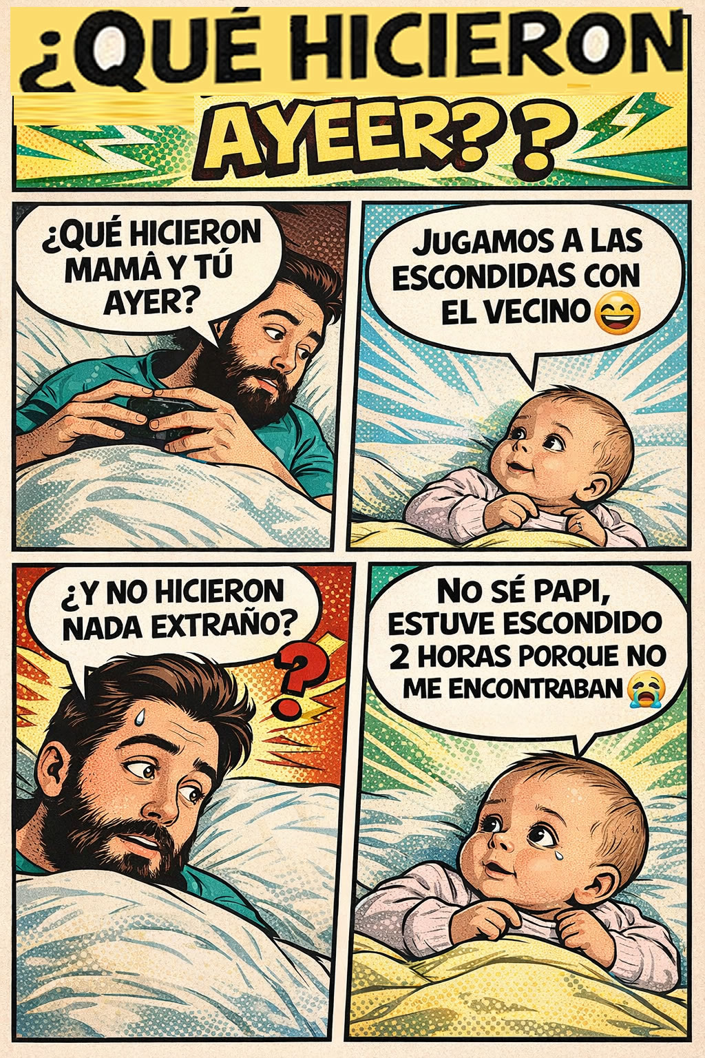 Que hicieron ayer... ?, humor de padres, madres, niños, risas, viñetas comicas