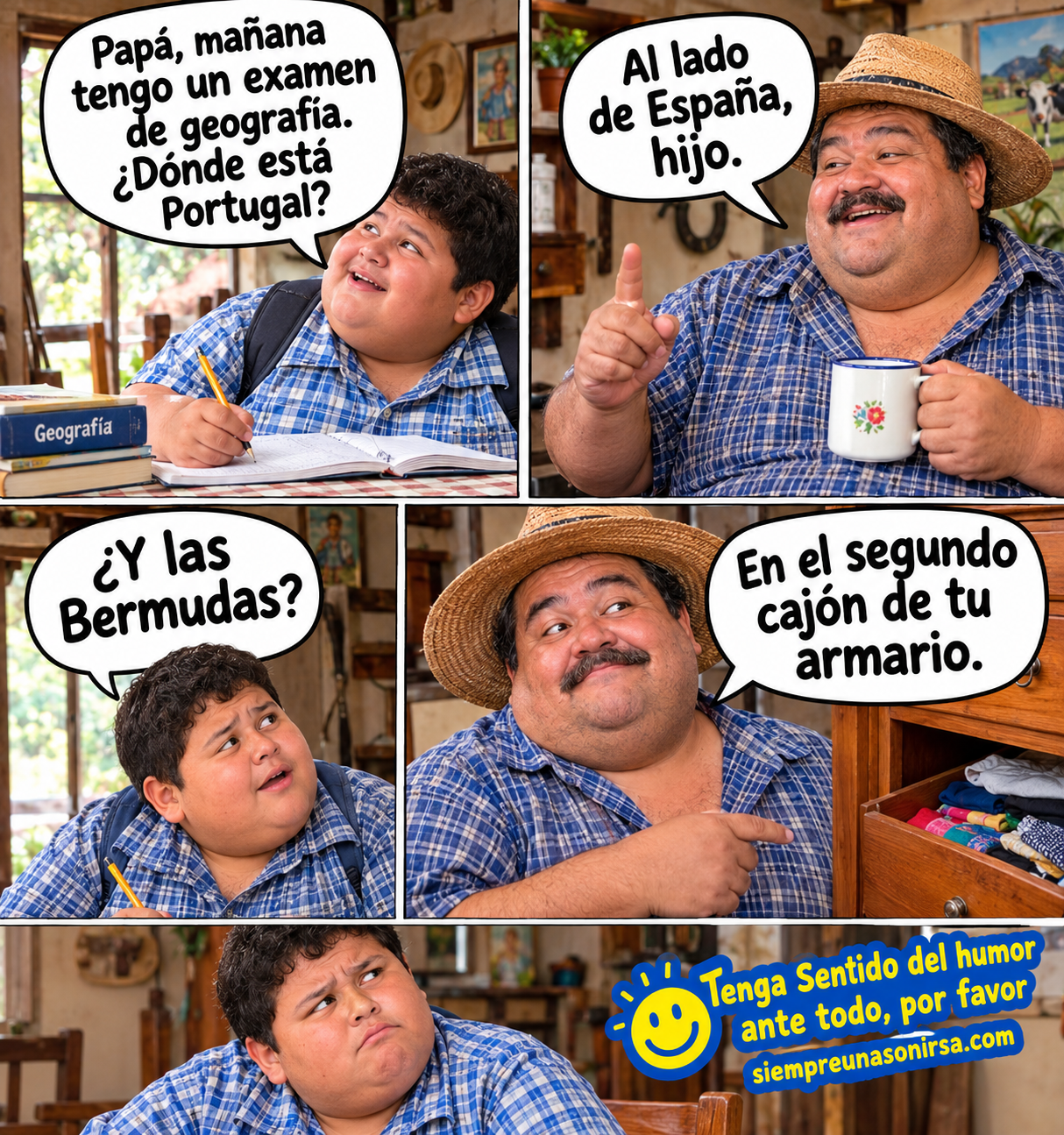 humor, chistes gráficos, humor familiar, padres e hijos, humor rural, gente campechana, chistes de padres, examen de geografía, humor cotidiano, situaciones cómicas, viñetas de humor, humor español, risas en familia, siempre una sonrisa