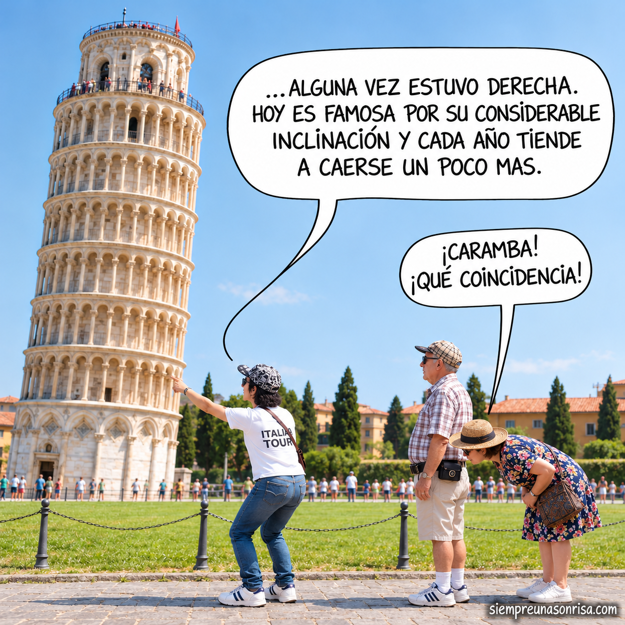 humor, humor gráfico, viñetas de humor, chistes gráficos, humor de pareja, humor picante, doble sentido, Torre de Pisa, turistas, chistes de matrimonios,