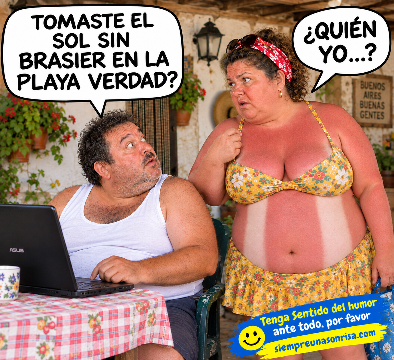 parejas risas, humor, bronceado, chistes absurdos,playa