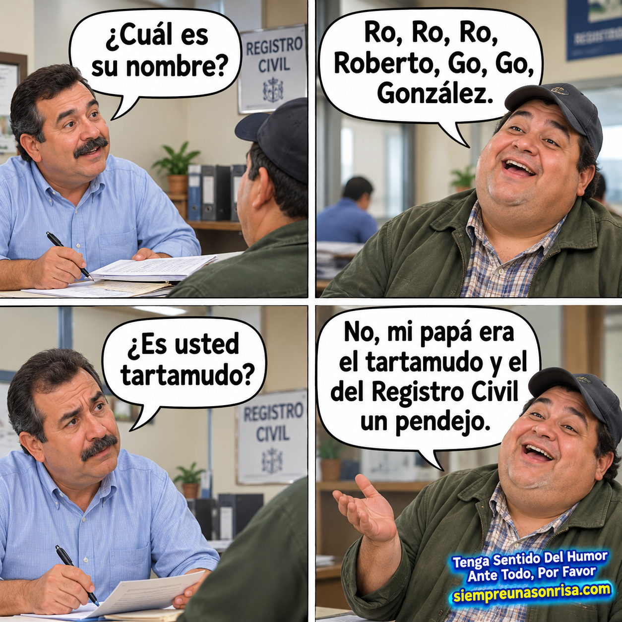 tartamudo, registro civil, humor, padres, hijos, siempre una sonrisa